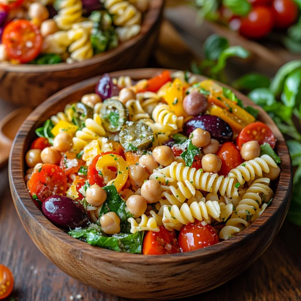 Salade de pâtes italienne colorée et savoureuse avec légumes frais.