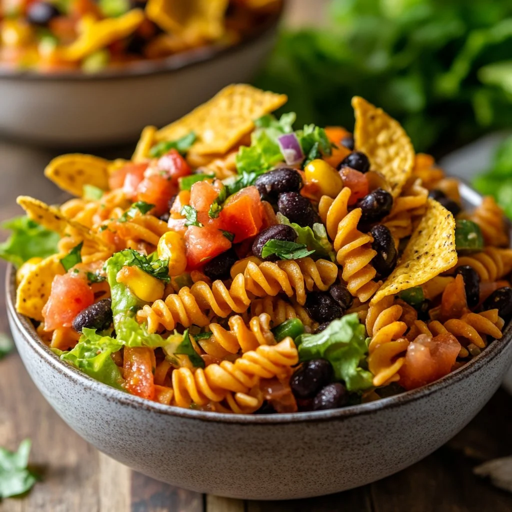 Salade de pâtes tacos garnie de légumes frais et d'assaisonnements savoureux.