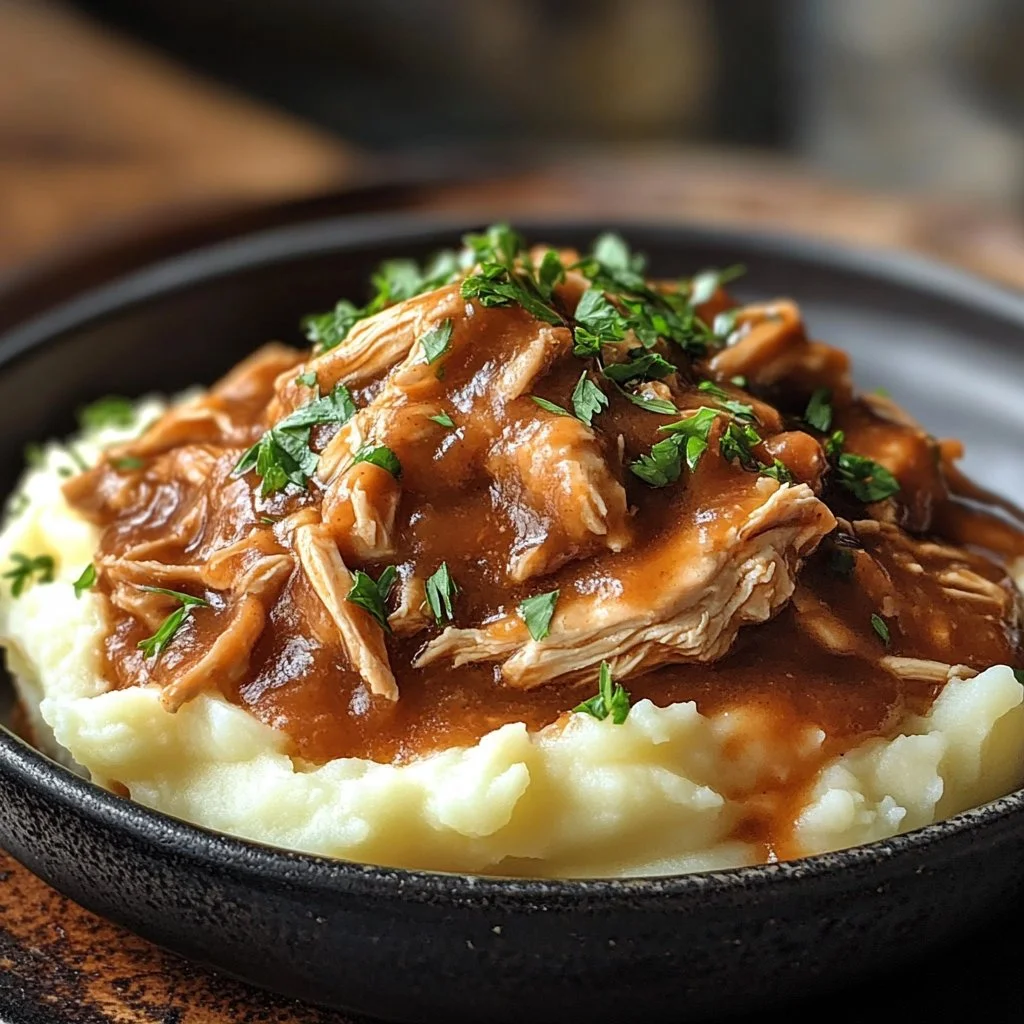 Sauce au poulet effiloché et purée de pommes de terre crémeuse dans une assiette