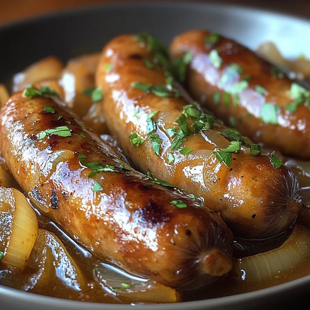 Saucisses dorées servies avec une sauce crémeuse à la moutarde