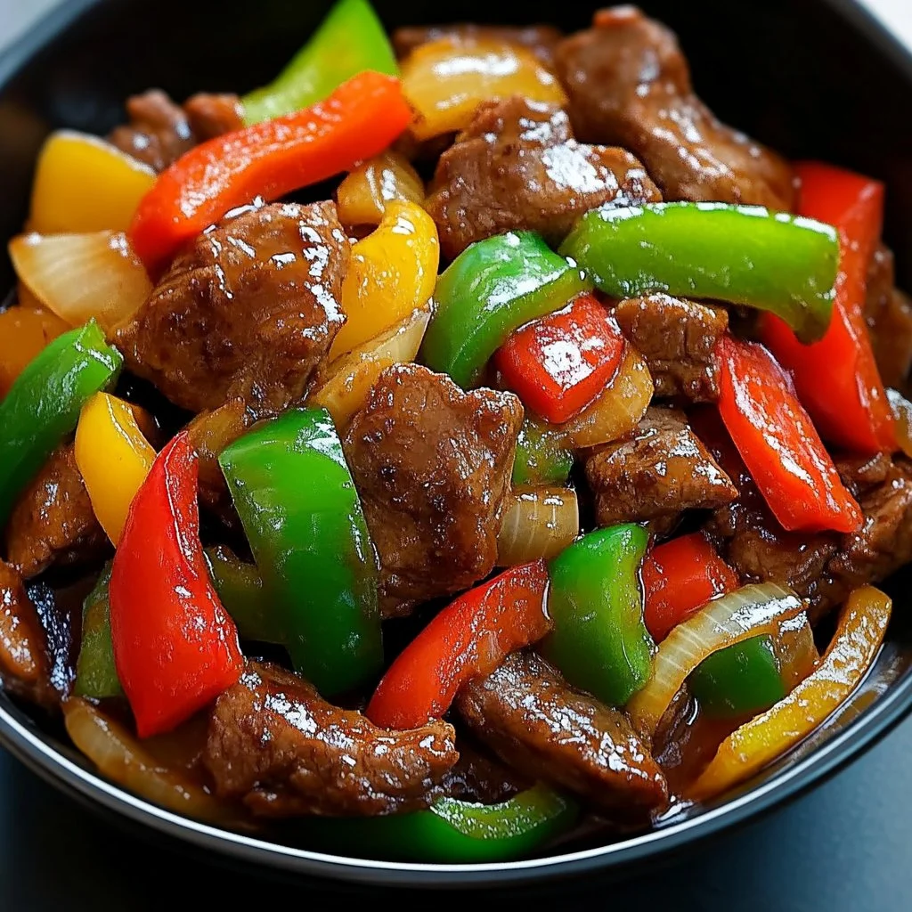 Sauté de bœuf aux poivrons et oignons dans une poêle