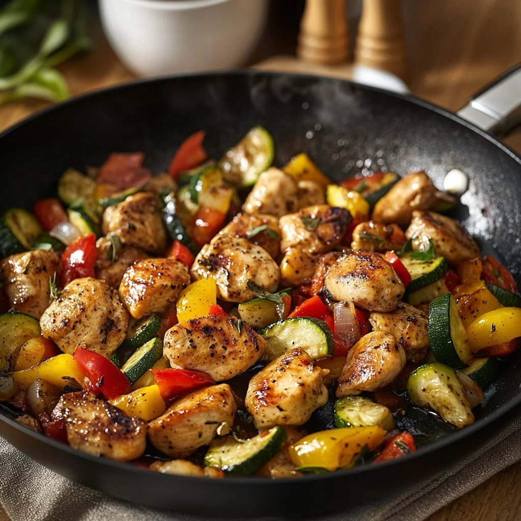 Sauté de poulet aux courgettes servi avec des légumes frais