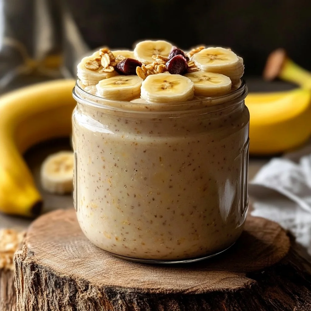 Smoothie aux bananes et flocons d'avoine dans un verre transparent.