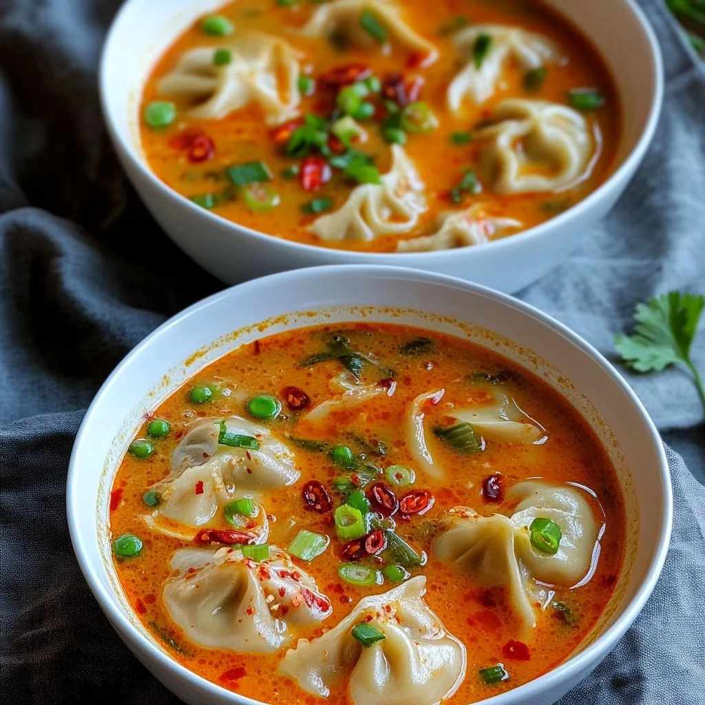 Soupe de curry au coco accompagnée de dumplings savoureux et colorés