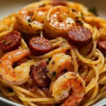 Spaghetti à la crème de poivron, chorizo et crevettes