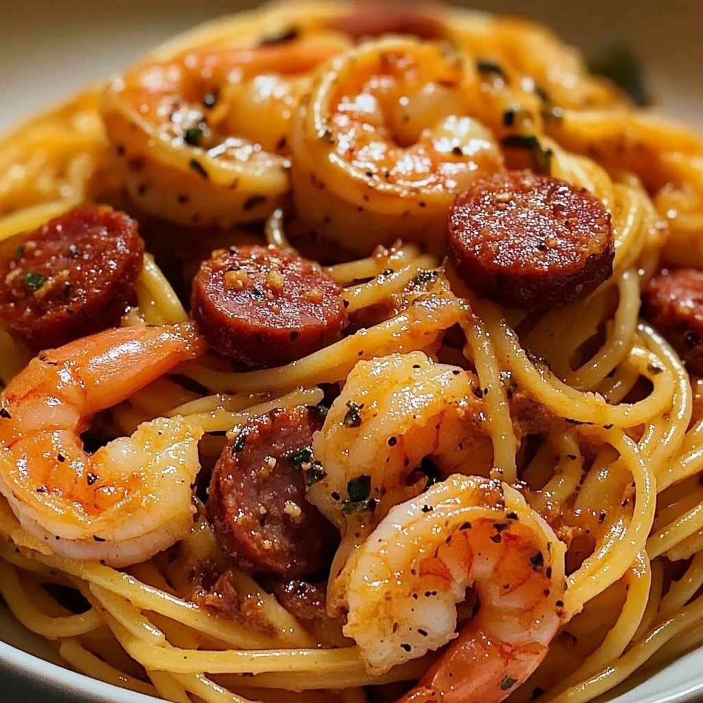 Spaghetti à la crème de poivron avec chorizo et crevettes dans une assiette