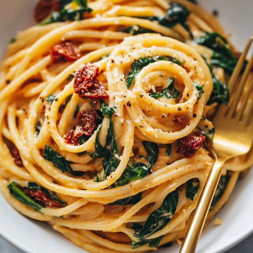Spaghetti crémeux aux tomates séchées et épinards dans une assiette