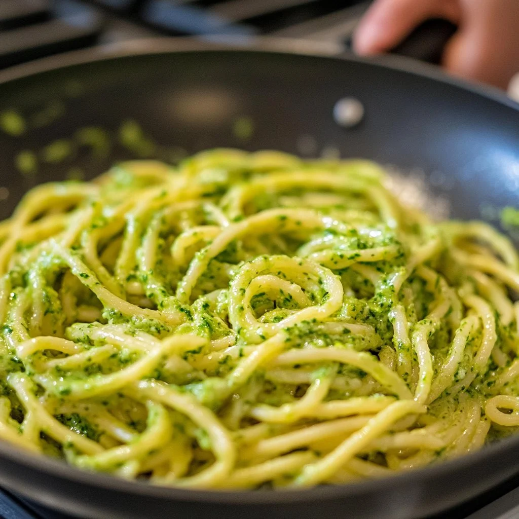 Spaghettis à la crème de courgettes dans un plat savoureux et coloré.