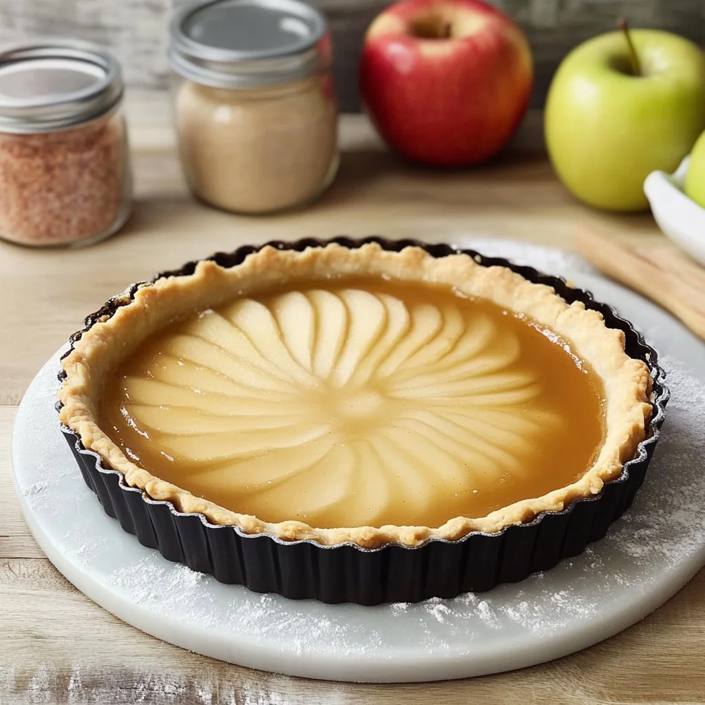 Tarte aux pommes fraîchement cuite, garnie de pommes dorées et de cannelle