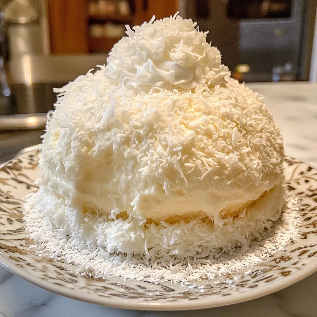 Gâteau mousse à la noix de coco aérien et savoureux, décoré avec de la noix de coco râpée.
