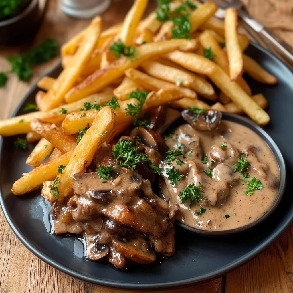 Plat délicat de Veau aux Morilles, servi avec sauce crémeuse et champignons.