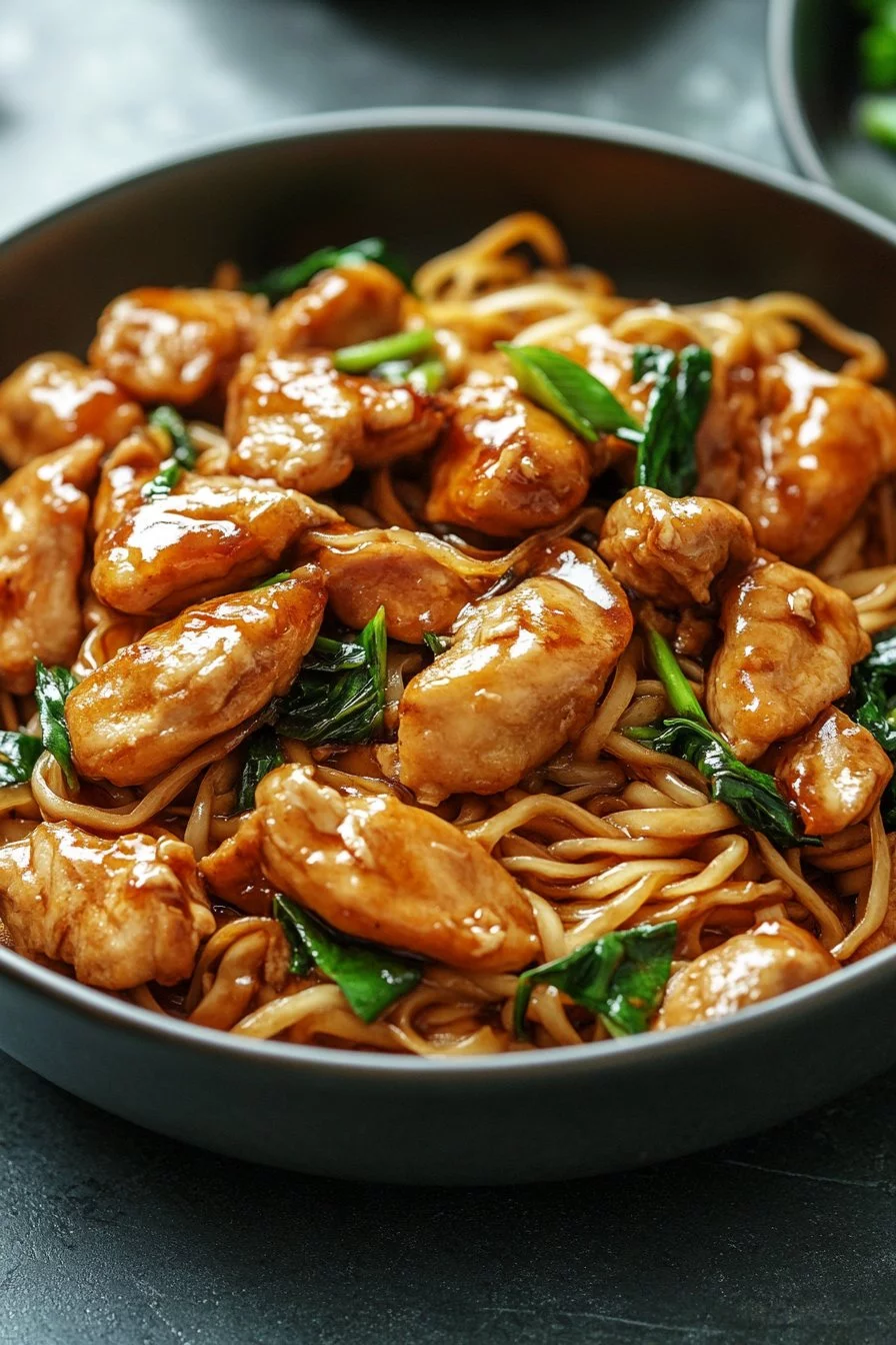 Nouilles sautées au poulet caramélisé