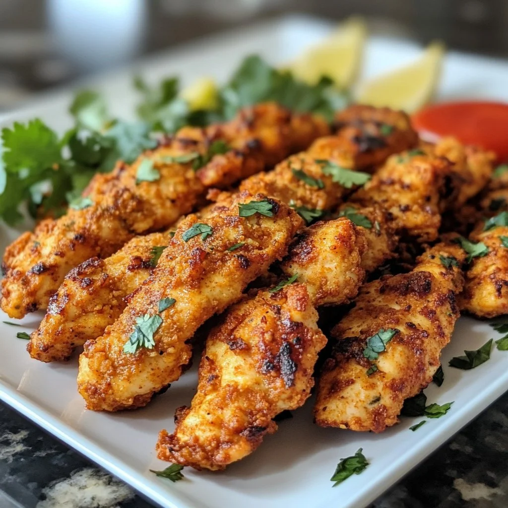 Aiguillettes de poulet tandoori panées croustillantes servies avec des épices aromatiques