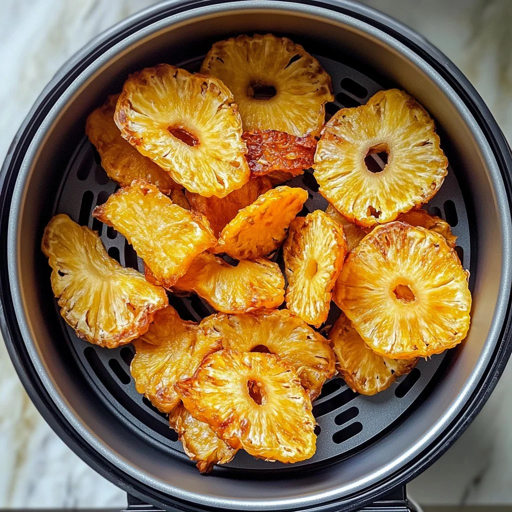 Ananas déshydraté préparé dans un air fryer, en tranches dorées et croustillantes.