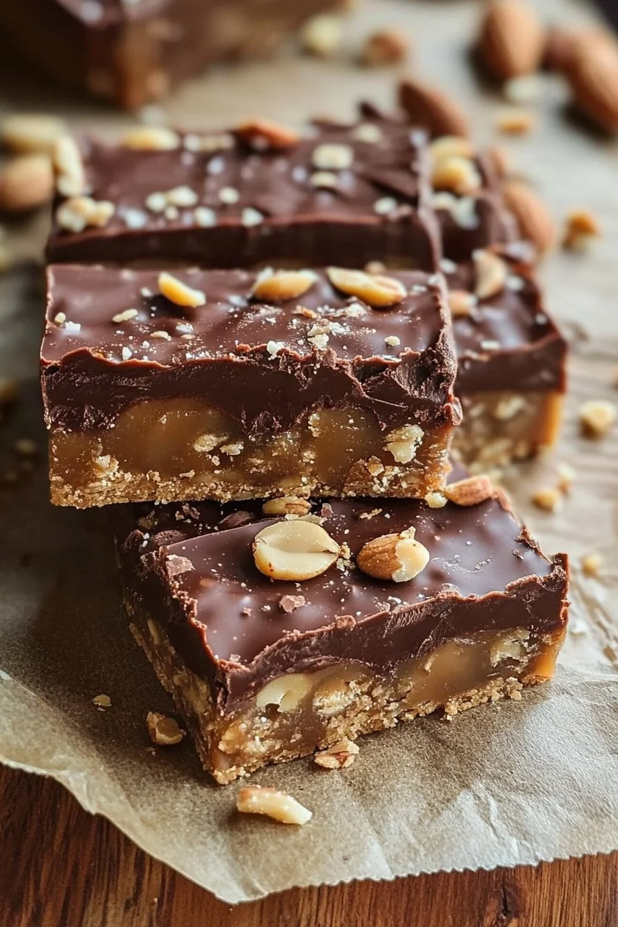Barres de chocolat, cacahuètes et caramel véganes