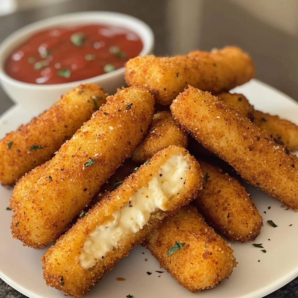 Bâtonnets de mozzarella croustillants préparés à la friteuse à air.