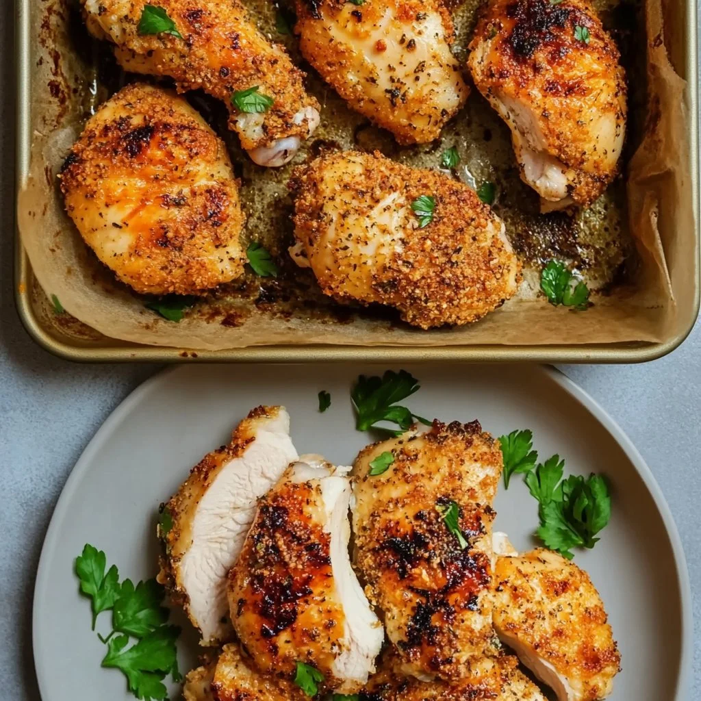 Blanc de poulet cuit à l'Air Fryer, doré et savoureux dans une assiette.