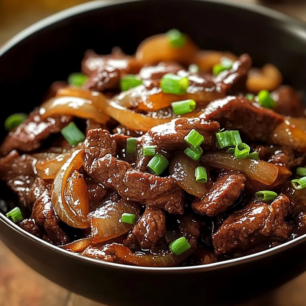 Plat de Bœuf Sauté aux Oignons décoré de légumes