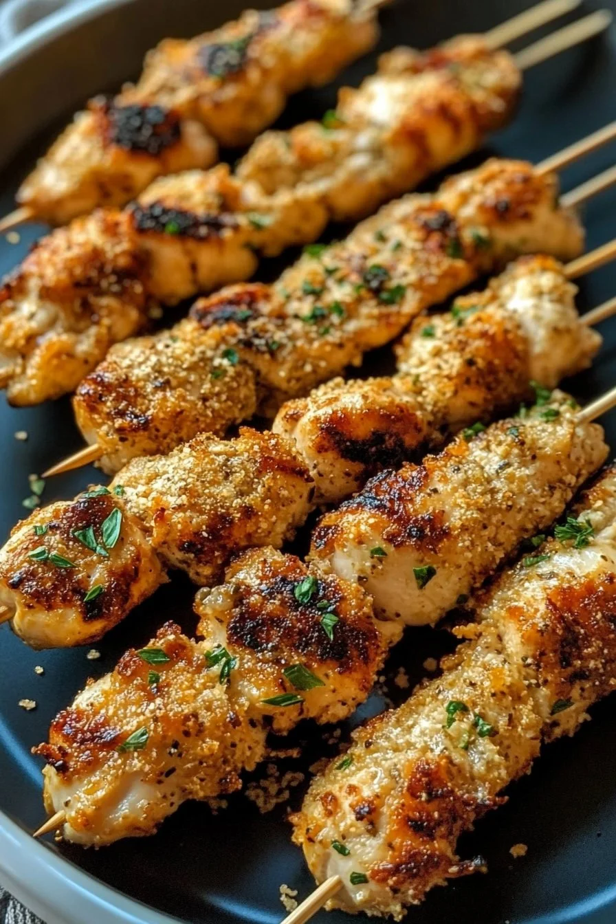 Brochettes de poulet croustillantes à l'ail et au parmesan à la friteuse à air - Irrésistibles !