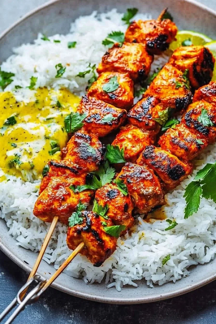Brochettes de poulet tandoori à la friteuse à air et riz