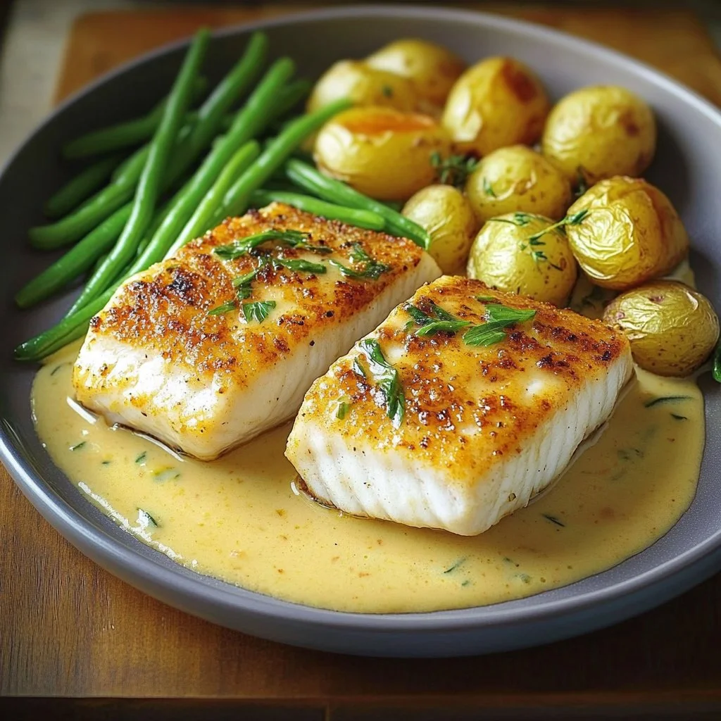 Filets de cabillaud à la crème et moutarde servis dans une assiette élégante.
