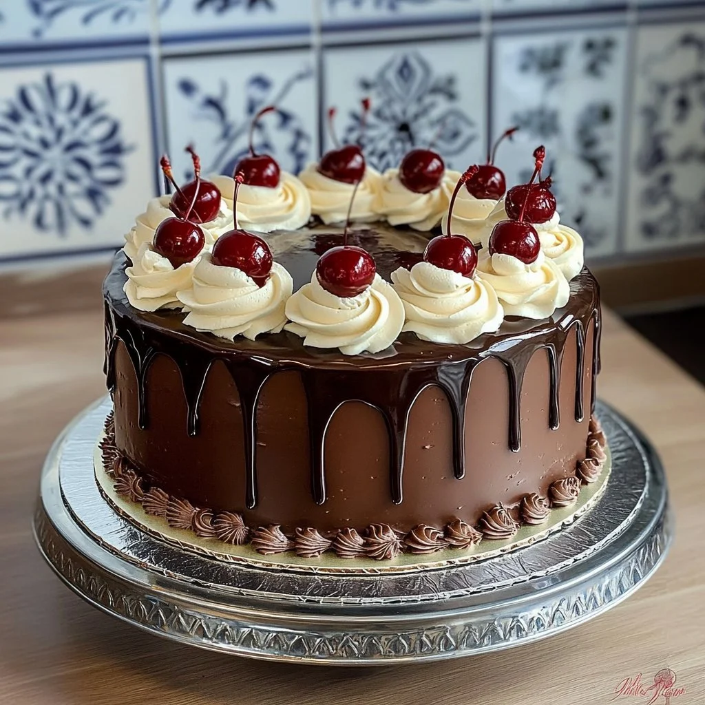 Gâteau Forêt Noire avec cerises et chocolat décoré de crème fraîche
