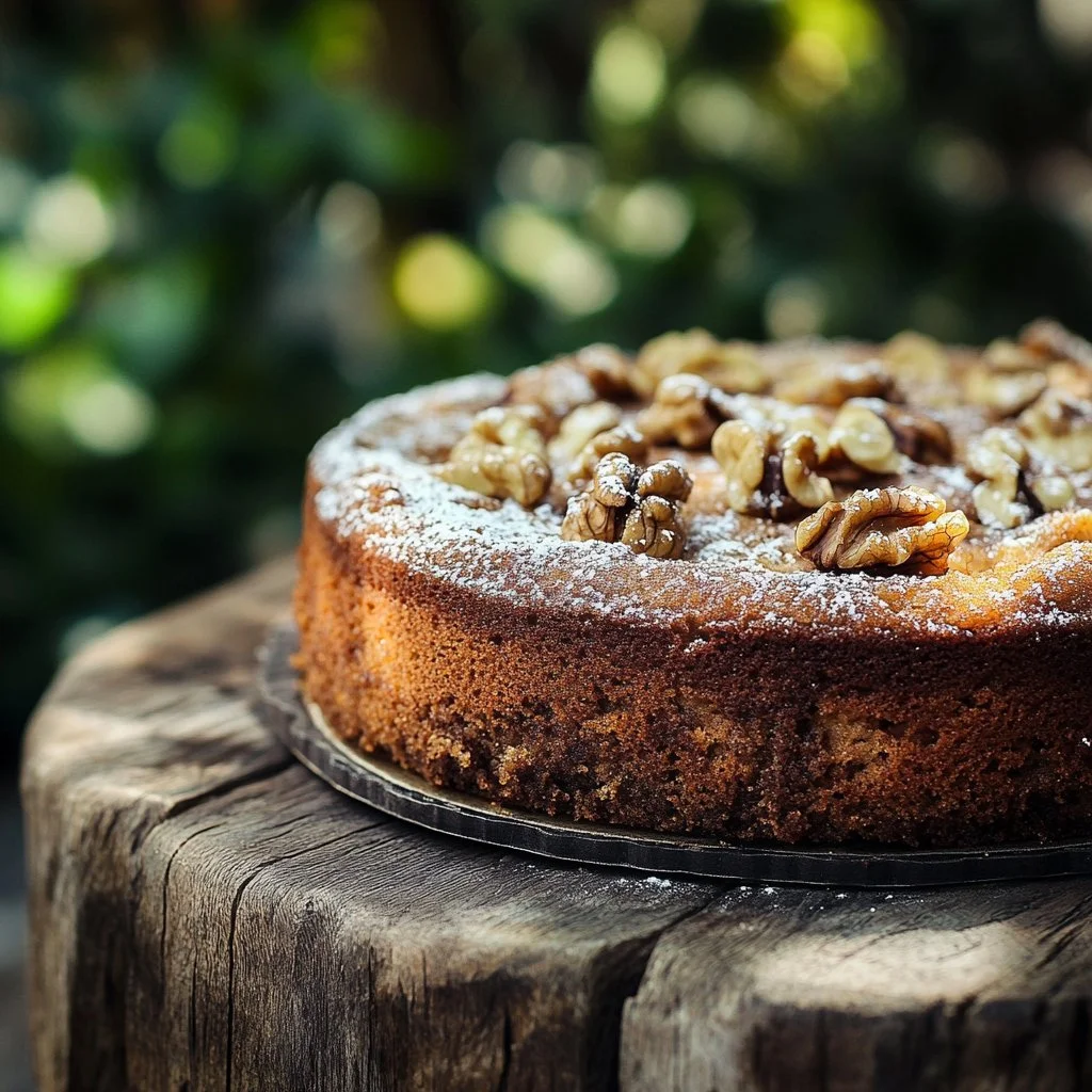 Gâteau aux noix fondant avec décor de noix sur le dessus