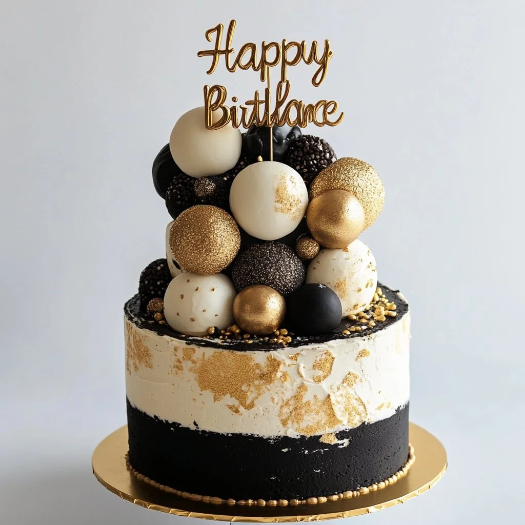 Gâteau d'anniversaire élégant blanc, noir et doré pour célébrations.