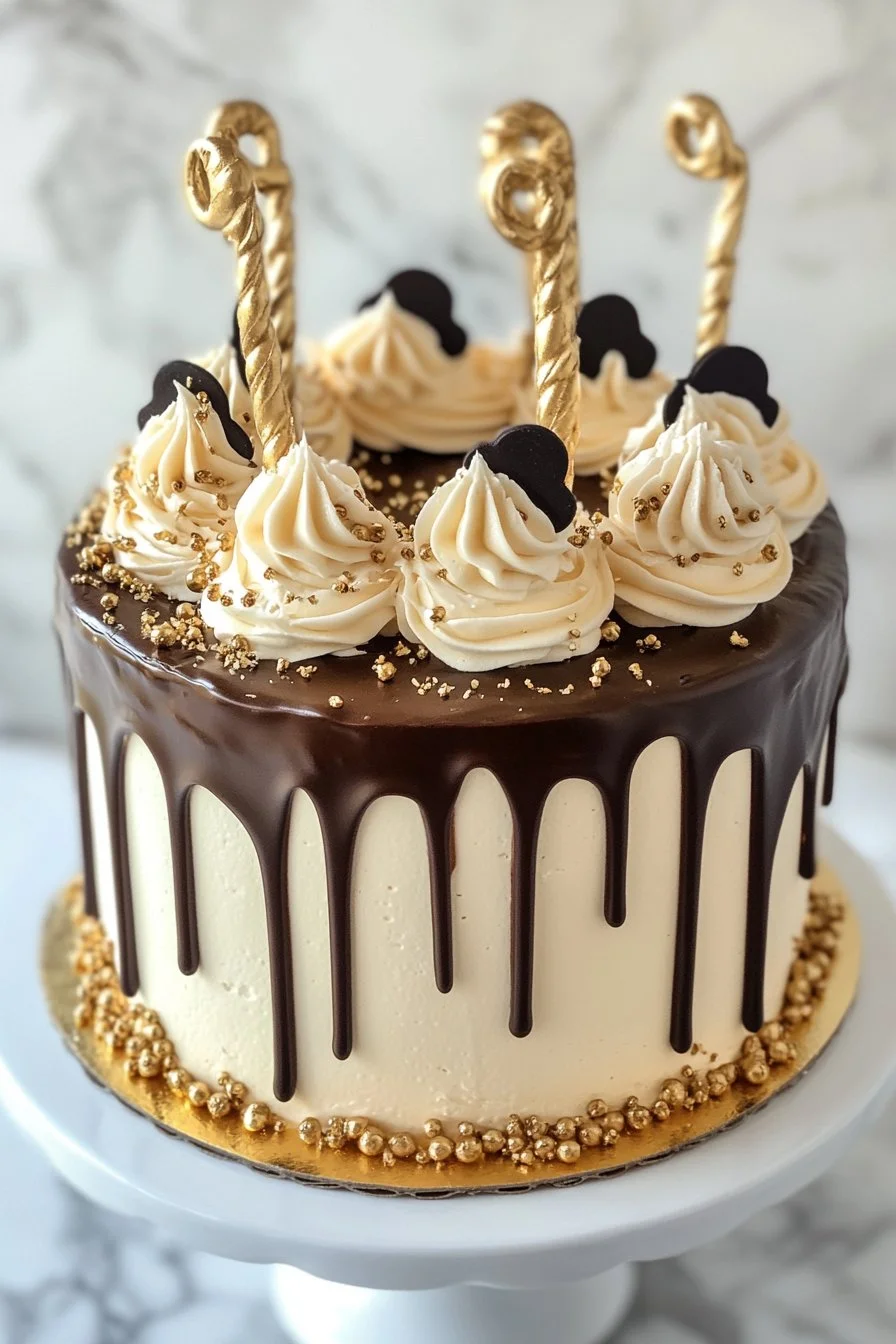 Gâteau d'anniversaire blanc noir et doré