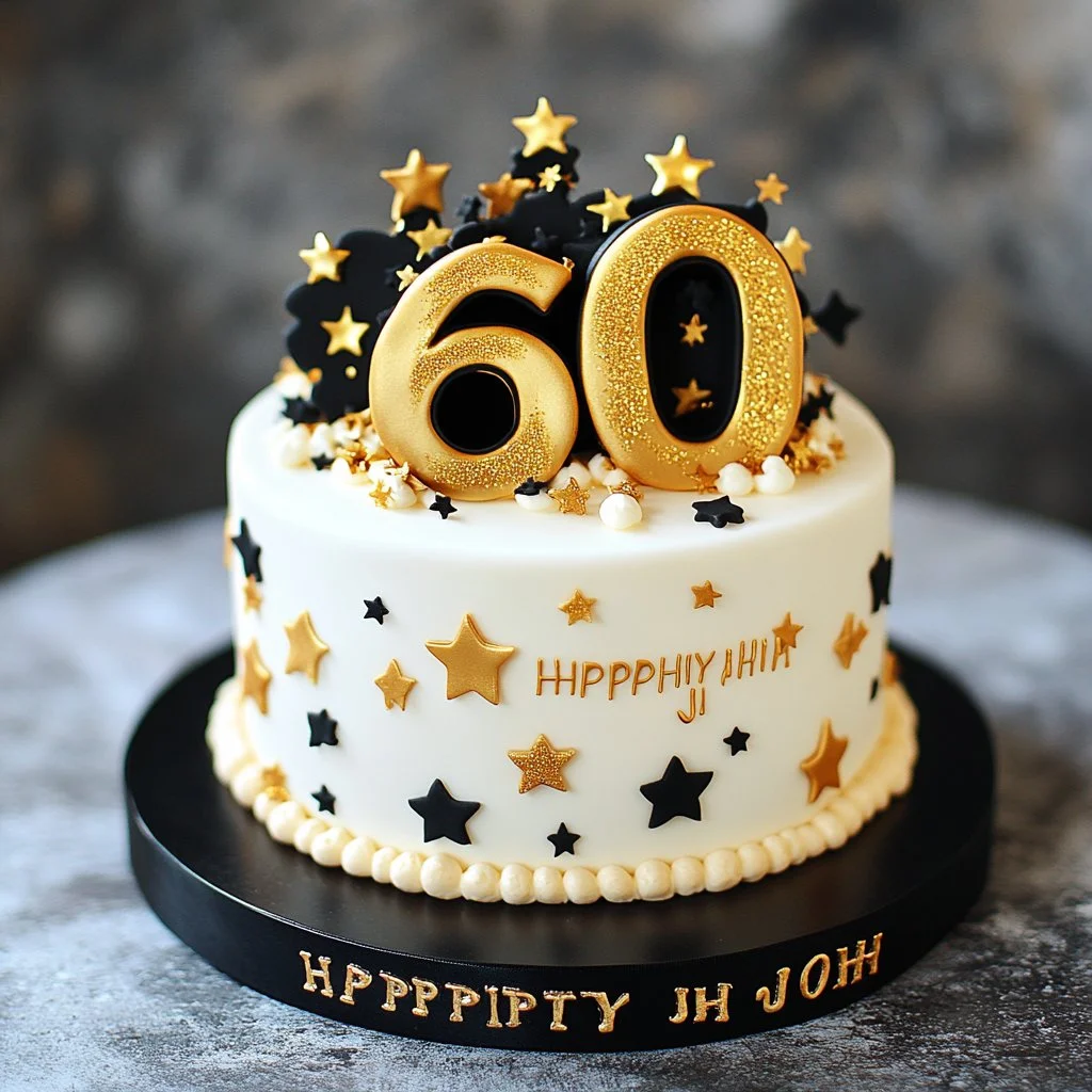 Gâteau d'anniversaire or/blanc/noir pour célébrer les 60 ans