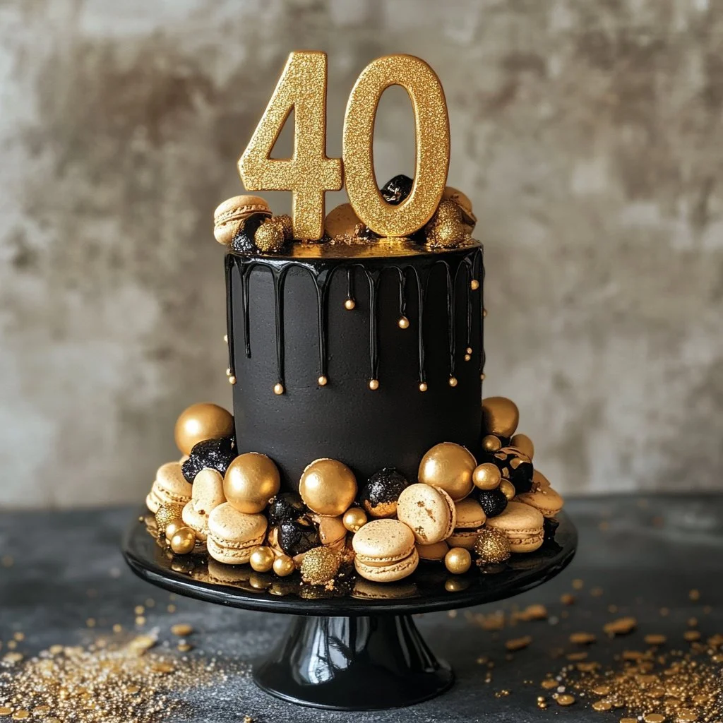 Gâteau d'anniversaire en noir et or avec effet gouttelette, élégant et festif.
