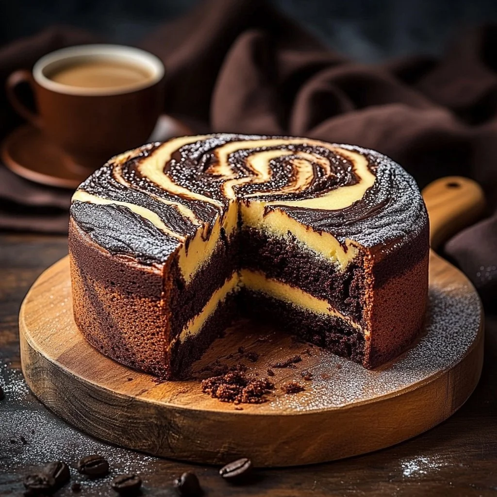 Gâteau marbré chocolat-vanille joliment tranché et présenté sur une assiette