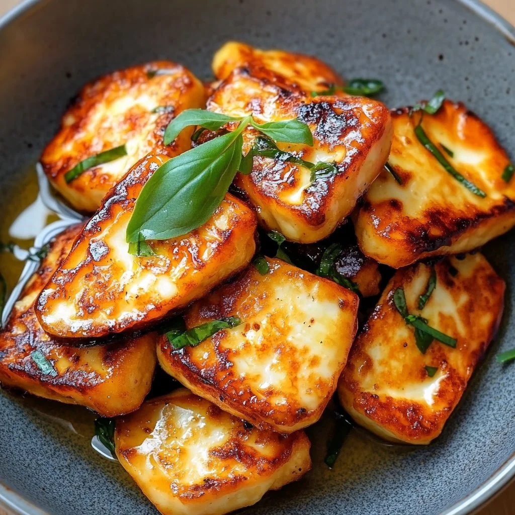 Halloumi croustillant préparé à la friteuse à air avec des herbes