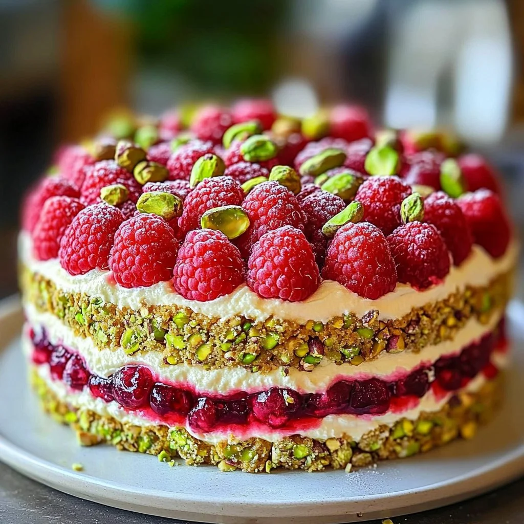 Gâteau Pistachio et Framboise garni de fruits frais et crème délicieuse.