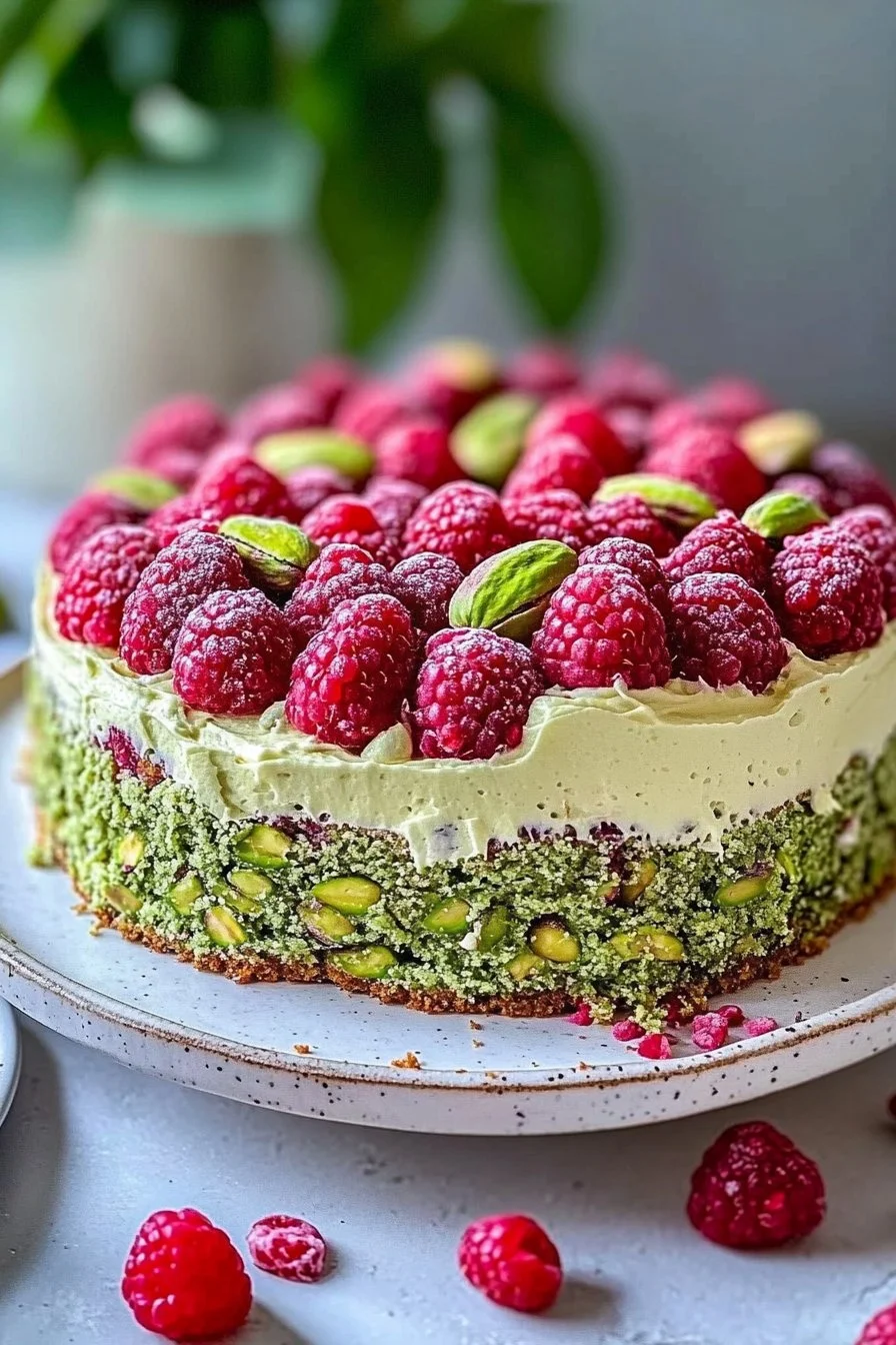 Heavenly Pistachio and Raspberry Cake
