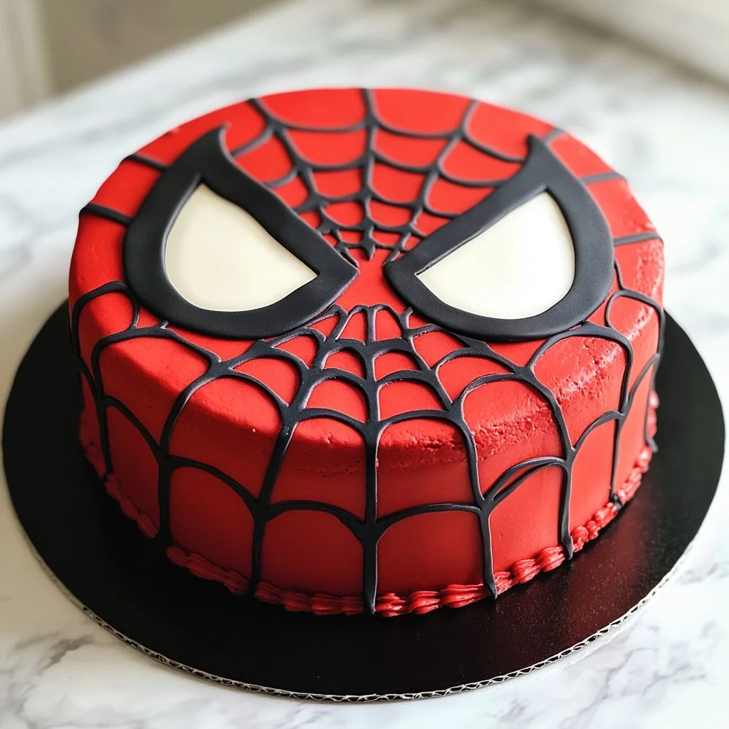 Gâteau décoré en forme d'Homme araignée, idéal pour Halloween ou les anniversaires.