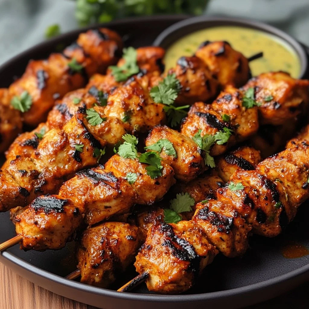 Kebab de Poulet Tikka épicé servi avec des accompagnements savoureux