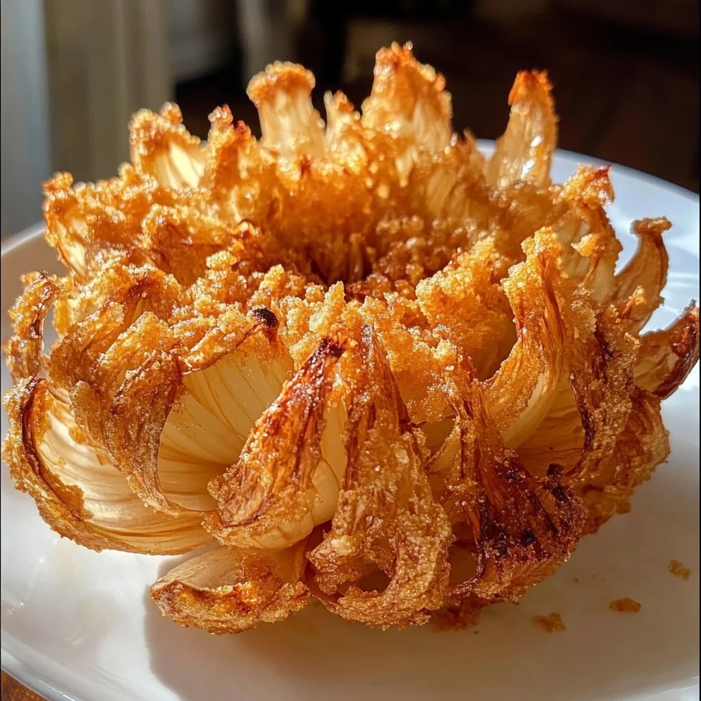 Oignon frit éclaté à l'air fryer avec une texture dorée et croquante