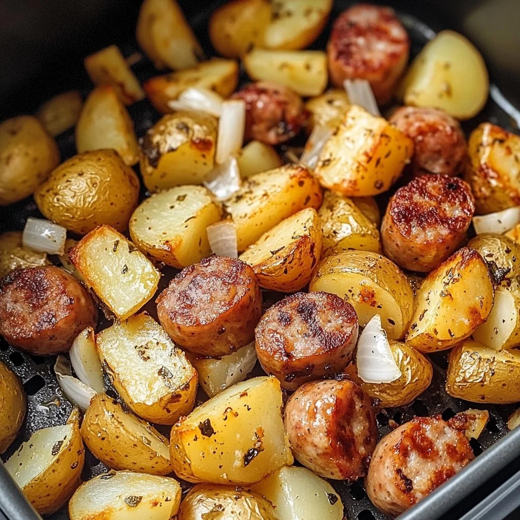 Pommes de terre et saucisse cuites à la friteuse à air, plat savoureux et croustillant