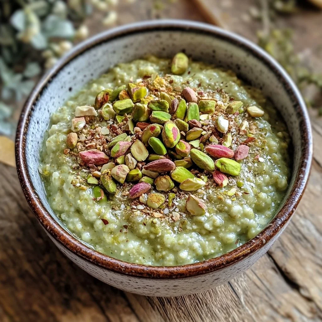 Bol de porridge à la pistache garni de fruits et noix