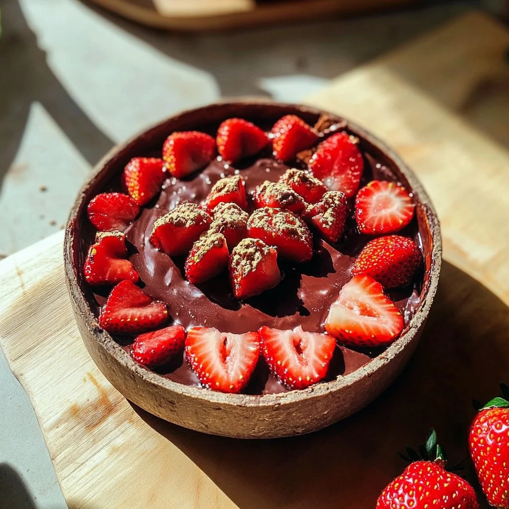 Bowl de porridge froid garni de fruits frais et noix.