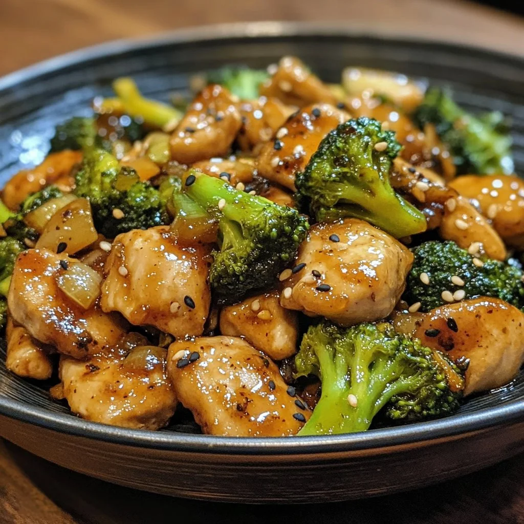 Poulet sauté au brocoli dans une assiette, plat savoureux et coloré.