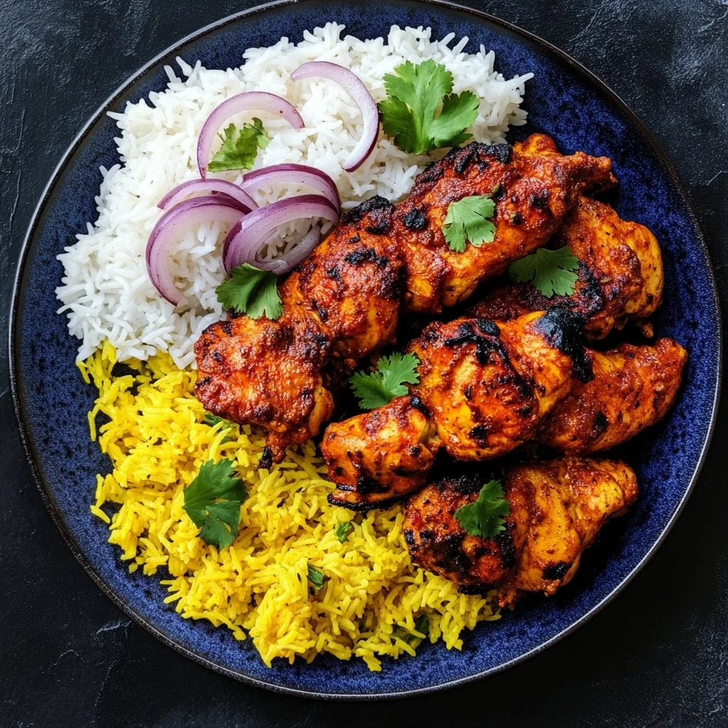 Poulet Tandoori épicé, plat traditionnel indien servi avec des accompagnements