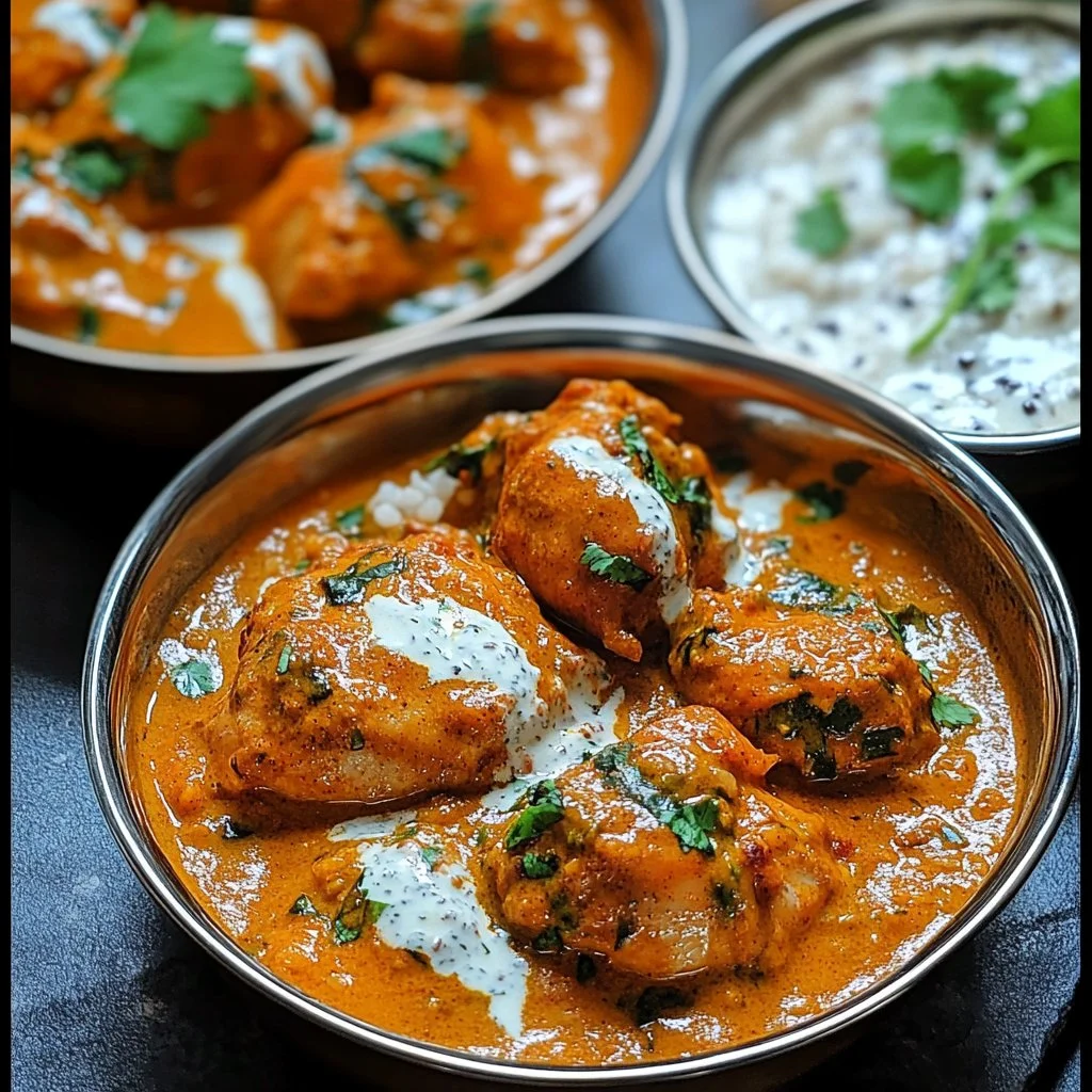 Poulet Tandoori en sauce servi avec riz au curry et oignons caramélisés