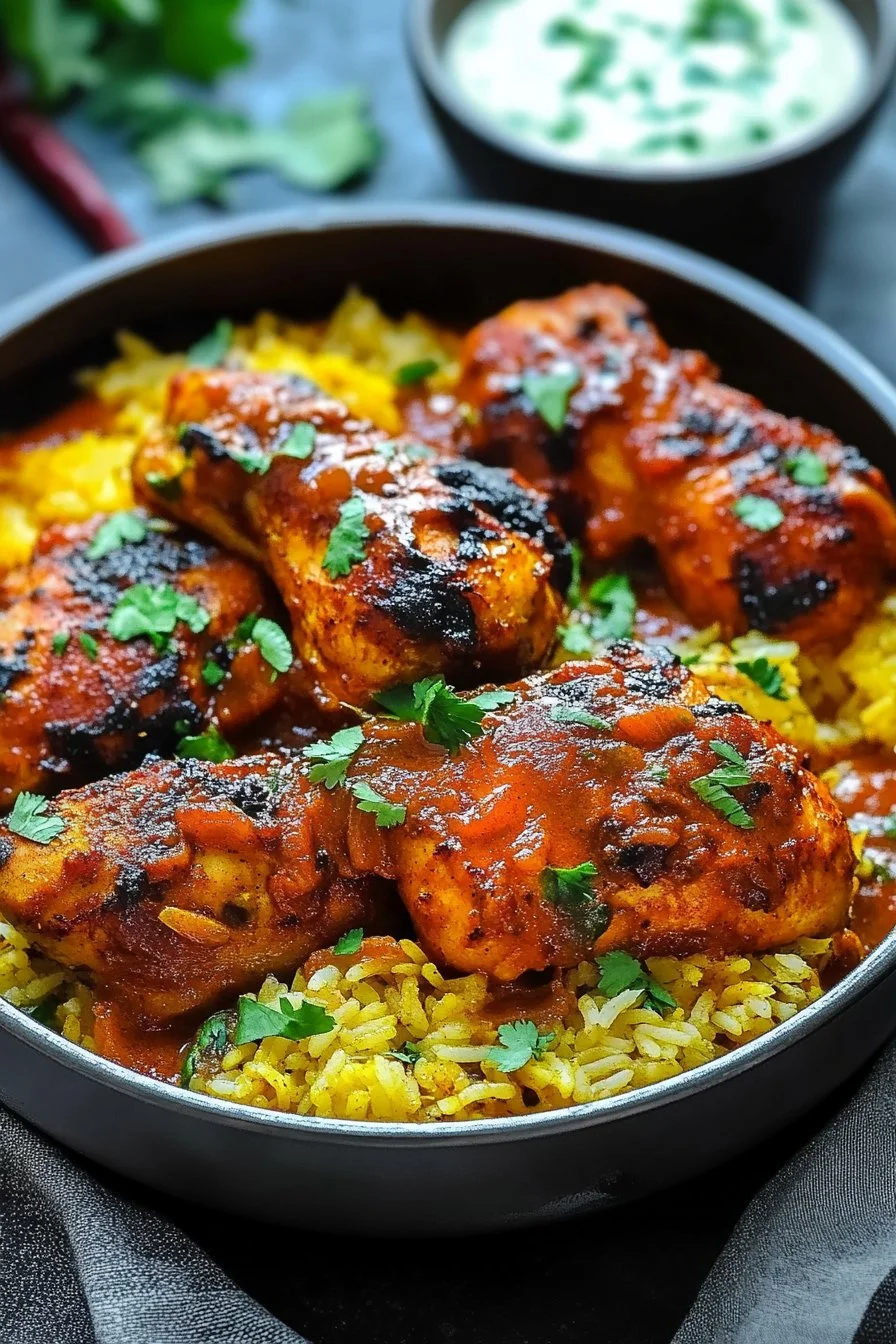 Poulet Tandoori en sauce, riz au curry & oignons caramélisés