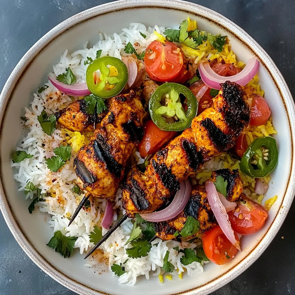 Poulet Tikka à la Friteuse à Air avec Riz Épicé, un plat savoureux et sain.