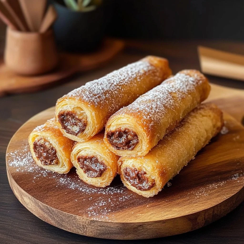Roulés pain perdu garnis de fruits et de cannelle, servis sur une assiette.