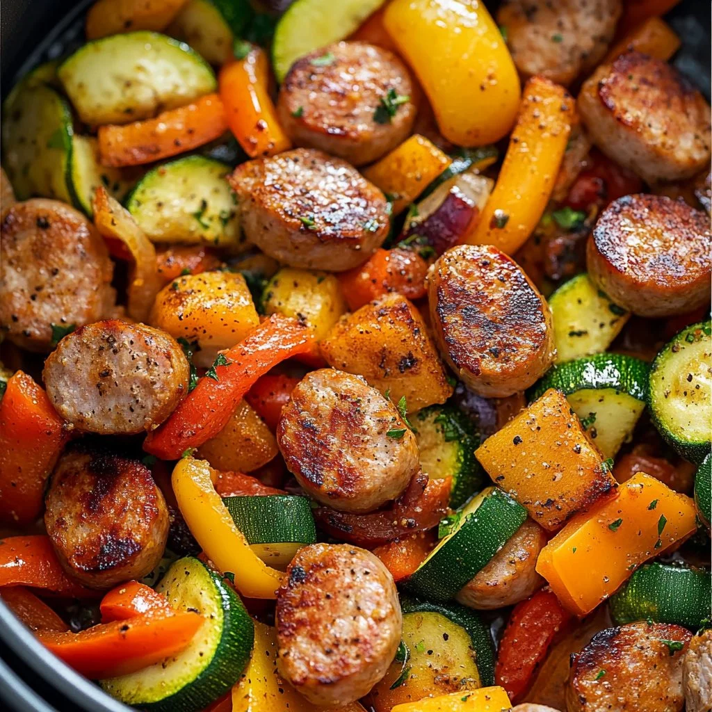 Saucisses de poulet et légumes cuits à la friteuse à air