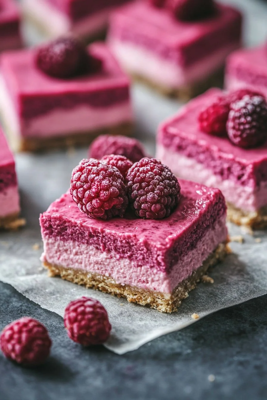 Barres de Cheesecake aux Framboises Saines et Riches en Protéines