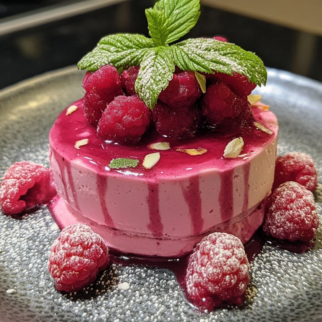 Délicieux Bavarois Framboise avec une texture crémeuse et une garniture de framboises.
